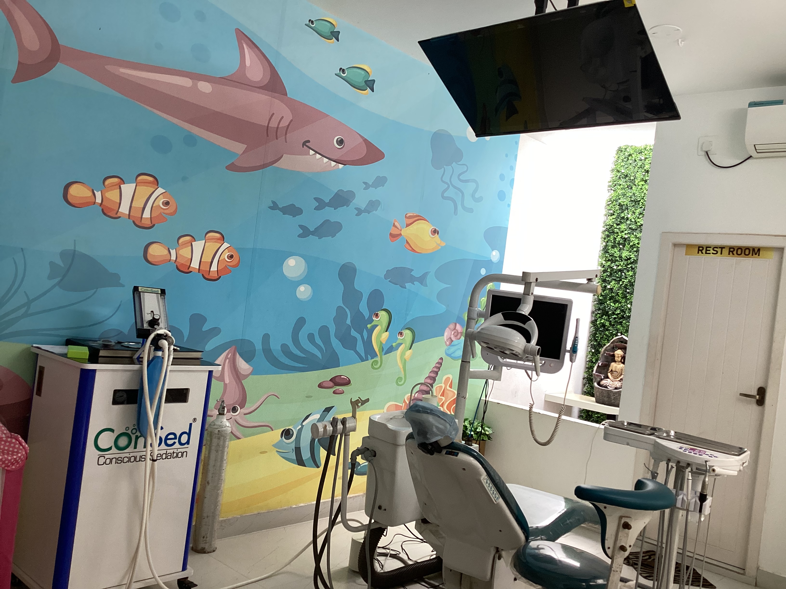Comfort Dentistry Entertainment Monitors over the dental operator chair